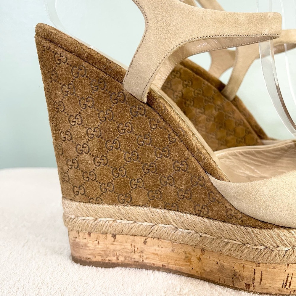 GUCCI Women's Tan GG Logo Platform Cork Wedge Espadrille Sandal Size 37.5 - Picture 13 of 13